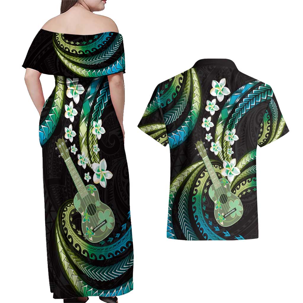 Hawaiian Ukulele Couples Matching Off Shoulder Maxi Dress and Hawaiian Shirt Chartreuse Cyan Fantastic Plumeria