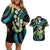 Hawaiian Ukulele Couples Matching Off Shoulder Short Dress and Hawaiian Shirt Chartreuse Cyan Fantastic Plumeria