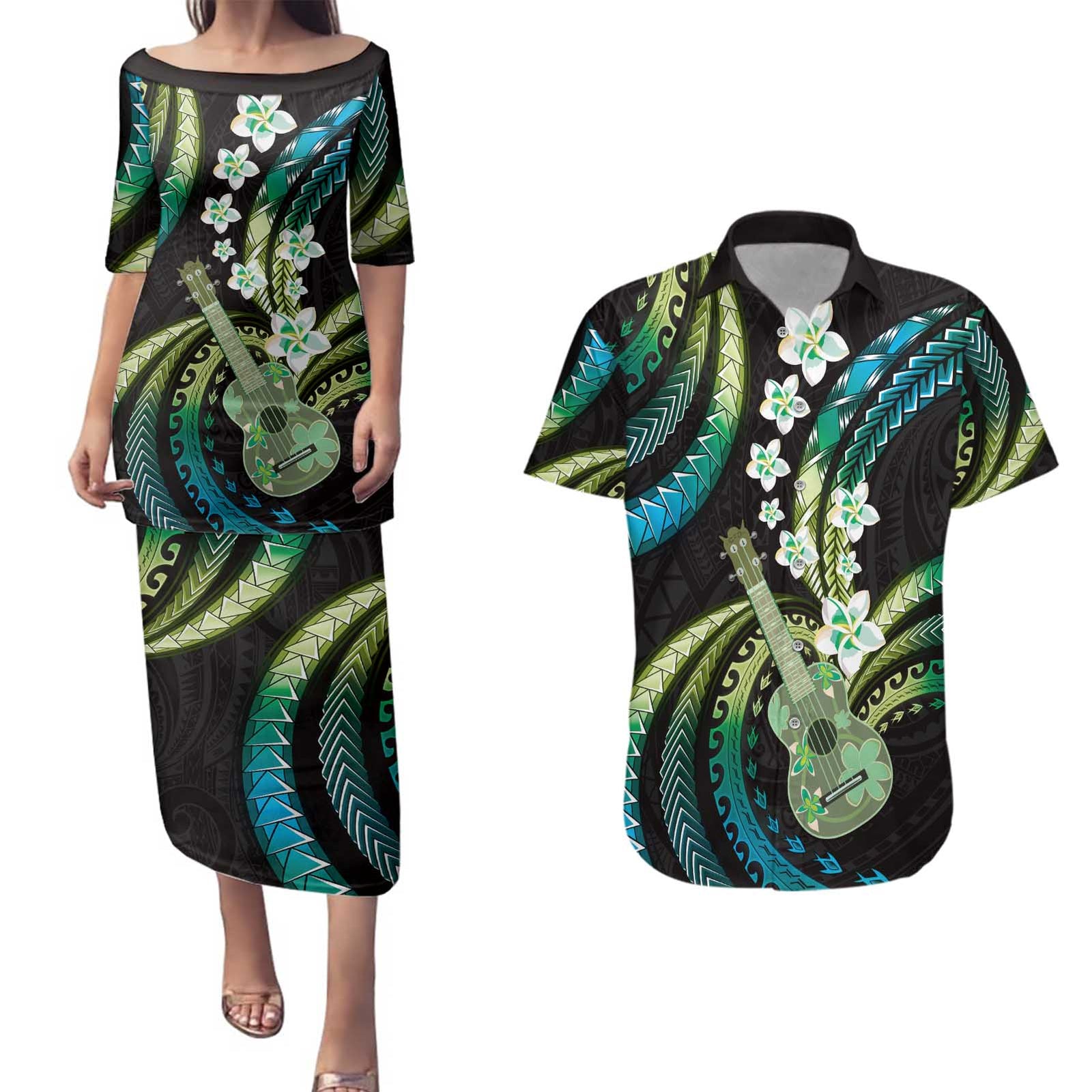 Hawaiian Ukulele Couples Matching Puletasi and Hawaiian Shirt Chartreuse Cyan Fantastic Plumeria