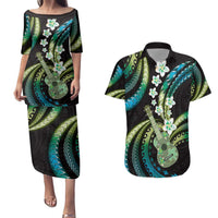 Hawaiian Ukulele Couples Matching Puletasi and Hawaiian Shirt Chartreuse Cyan Fantastic Plumeria