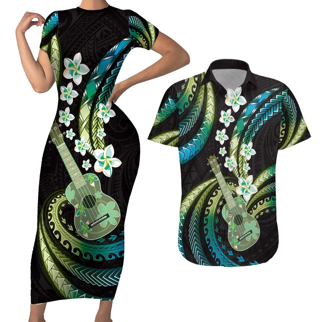 Hawaiian Ukulele Couples Matching Short Sleeve Bodycon Dress and Hawaiian Shirt Chartreuse Cyan Fantastic Plumeria