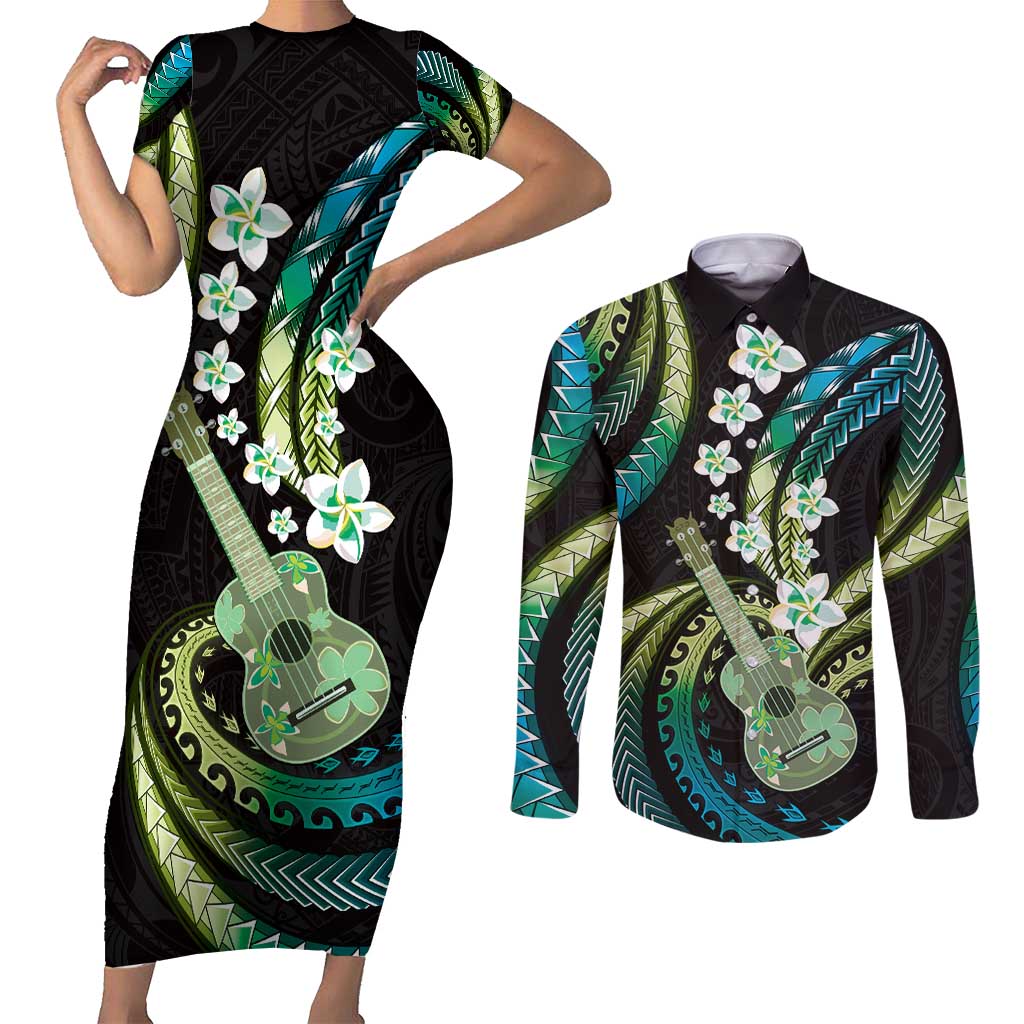 Hawaiian Ukulele Couples Matching Short Sleeve Bodycon Dress and Long Sleeve Button Shirt Chartreuse Cyan Fantastic Plumeria