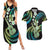 Hawaiian Ukulele Couples Matching Summer Maxi Dress and Hawaiian Shirt Chartreuse Cyan Fantastic Plumeria