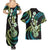 Hawaiian Ukulele Couples Matching Summer Maxi Dress and Hawaiian Shirt Chartreuse Cyan Fantastic Plumeria