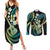Hawaiian Ukulele Couples Matching Summer Maxi Dress and Long Sleeve Button Shirt Chartreuse Cyan Fantastic Plumeria
