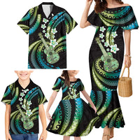 Hawaiian Ukulele Family Matching Mermaid Dress and Hawaiian Shirt Chartreuse Cyan Fantastic Plumeria