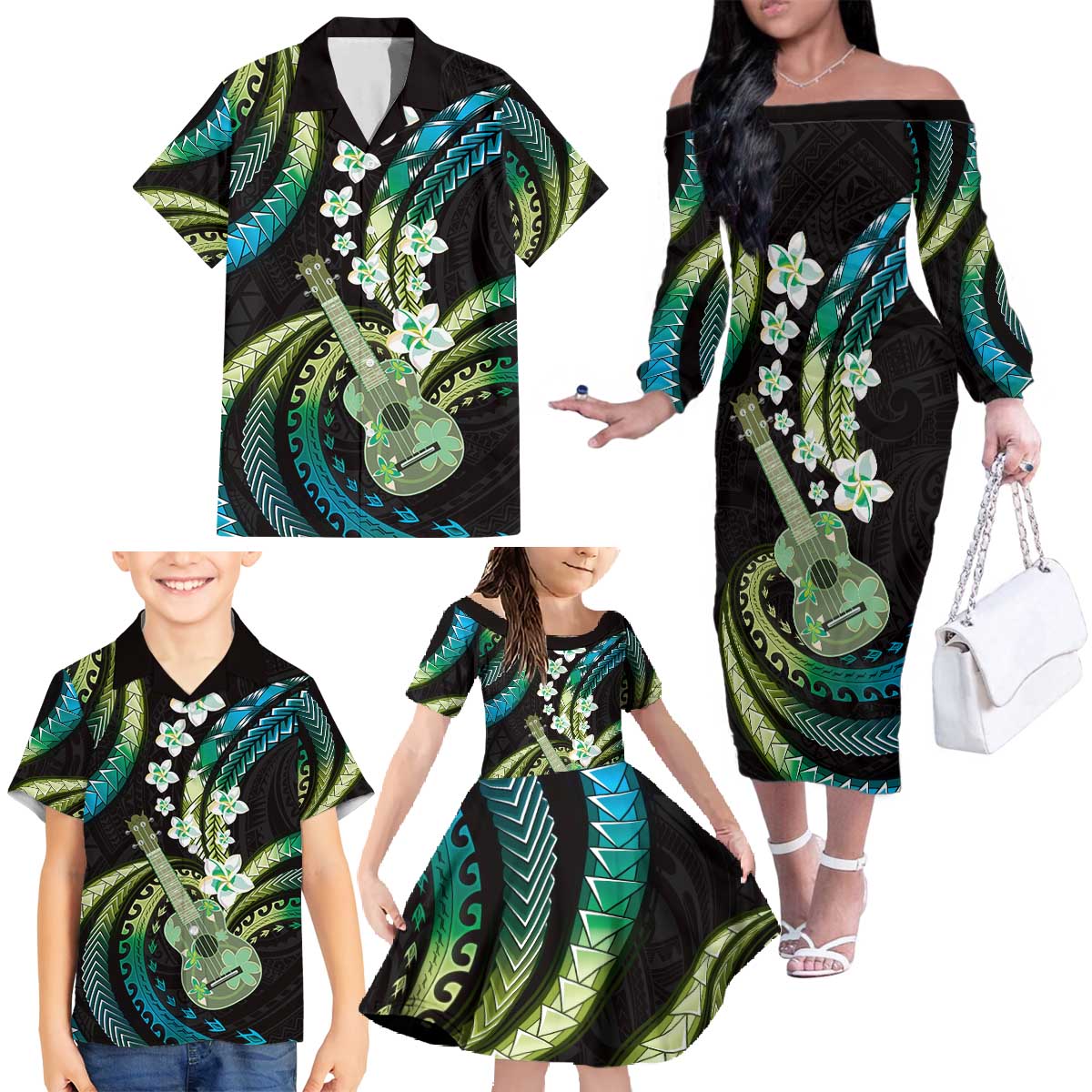 Hawaiian Ukulele Family Matching Off The Shoulder Long Sleeve Dress and Hawaiian Shirt Chartreuse Cyan Fantastic Plumeria