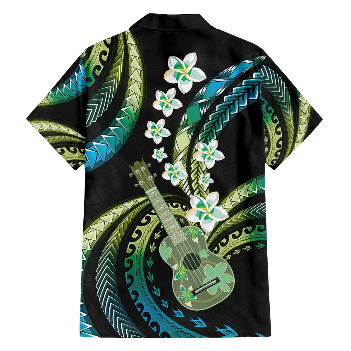 Hawaiian Ukulele Family Matching Off The Shoulder Long Sleeve Dress and Hawaiian Shirt Chartreuse Cyan Fantastic Plumeria