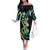 Hawaiian Ukulele Family Matching Off The Shoulder Long Sleeve Dress and Hawaiian Shirt Chartreuse Cyan Fantastic Plumeria
