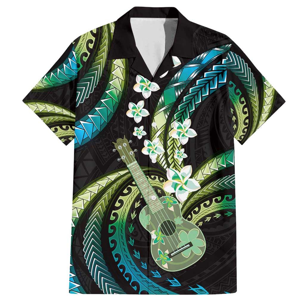 Hawaiian Ukulele Family Matching Off Shoulder Short Dress and Hawaiian Shirt Chartreuse Cyan Fantastic Plumeria
