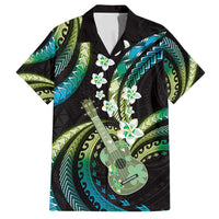 Hawaiian Ukulele Family Matching Off Shoulder Short Dress and Hawaiian Shirt Chartreuse Cyan Fantastic Plumeria
