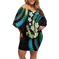 Hawaiian Ukulele Family Matching Off Shoulder Short Dress and Hawaiian Shirt Chartreuse Cyan Fantastic Plumeria