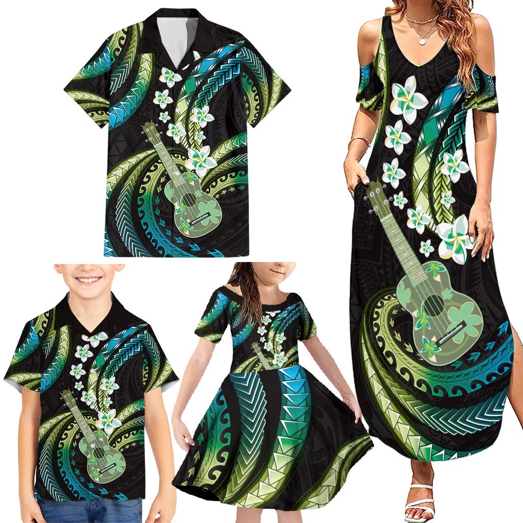 Hawaiian Ukulele Family Matching Summer Maxi Dress and Hawaiian Shirt Chartreuse Cyan Fantastic Plumeria