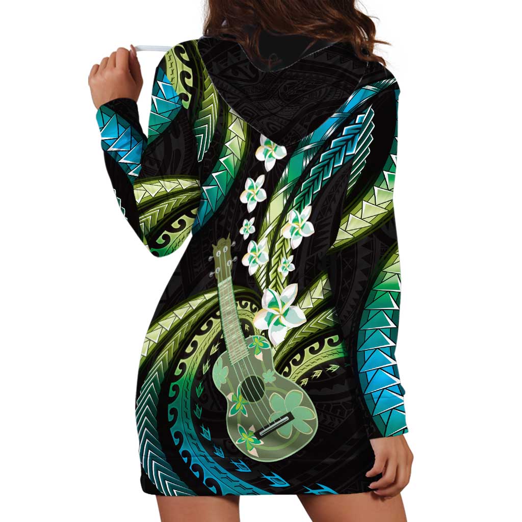 Hawaiian Ukulele Hoodie Dress Chartreuse Cyan Fantastic Plumeria