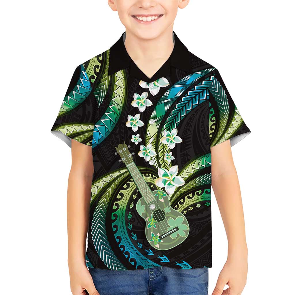 Hawaiian Ukulele Kid Hawaiian Shirt Chartreuse Cyan Fantastic Plumeria