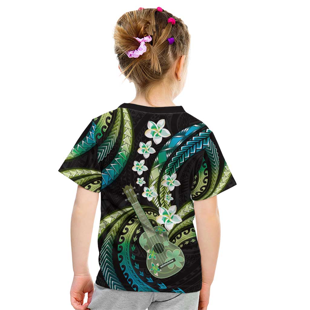 Hawaiian Ukulele Kid T Shirt Chartreuse Cyan Fantastic Plumeria