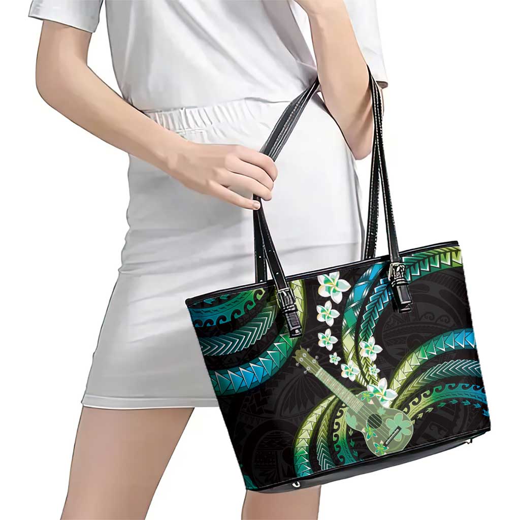 Hawaiian Ukulele Leather Tote Bag Chartreuse Cyan Fantastic Plumeria
