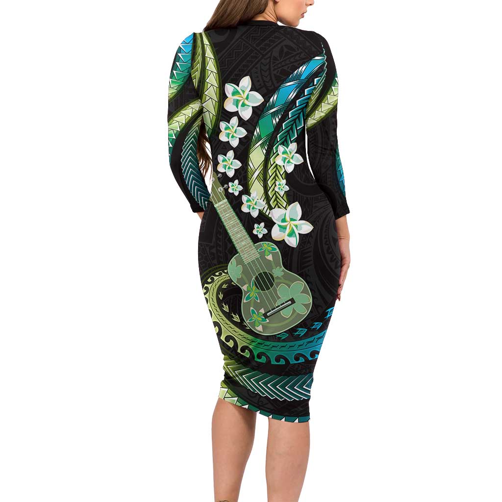 Hawaiian Ukulele Long Sleeve Bodycon Dress Chartreuse Cyan Fantastic Plumeria