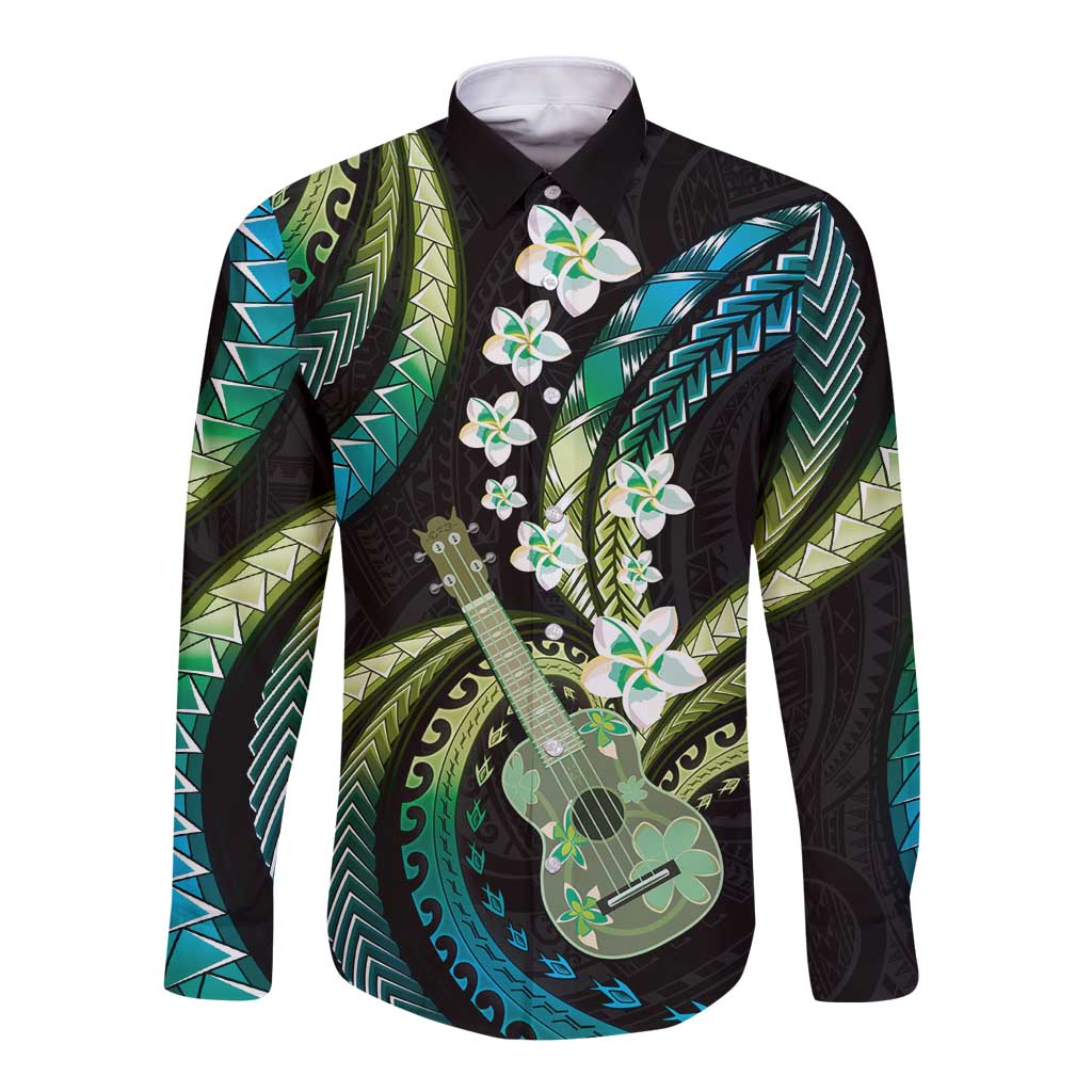 Hawaiian Ukulele Long Sleeve Button Shirt Chartreuse Cyan Fantastic Plumeria