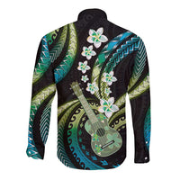 Hawaiian Ukulele Long Sleeve Button Shirt Chartreuse Cyan Fantastic Plumeria