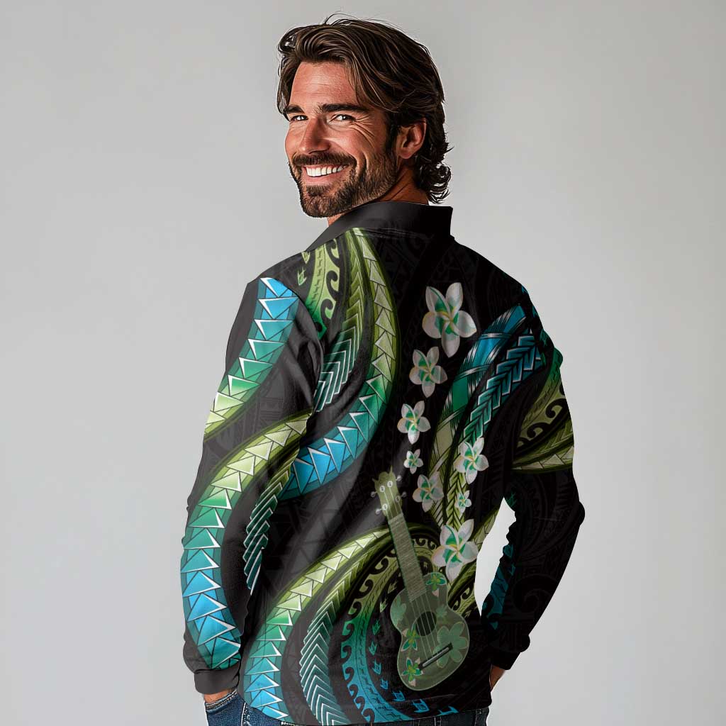 Hawaiian Ukulele Long Sleeve Polo Shirt Chartreuse Cyan Fantastic Plumeria