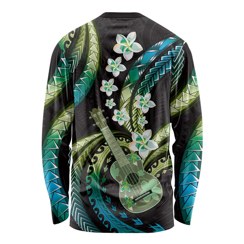 Hawaiian Ukulele Long Sleeve Shirt Chartreuse Cyan Fantastic Plumeria
