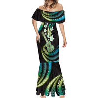 Hawaiian Ukulele Mermaid Dress Chartreuse Cyan Fantastic Plumeria