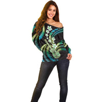 Hawaiian Ukulele Off Shoulder Sweater Chartreuse Cyan Fantastic Plumeria