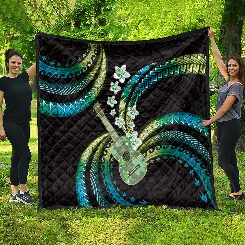 Hawaiian Ukulele Quilt Chartreuse Cyan Fantastic Plumeria