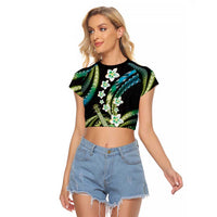 Hawaiian Ukulele Raglan Cropped T Shirt Chartreuse Cyan Fantastic Plumeria