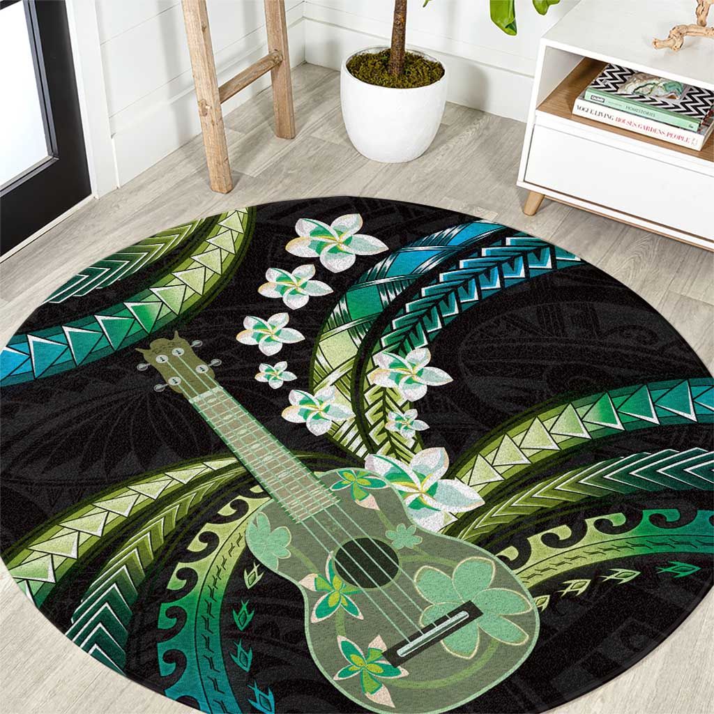 Hawaiian Ukulele Round Carpet Chartreuse Cyan Fantastic Plumeria