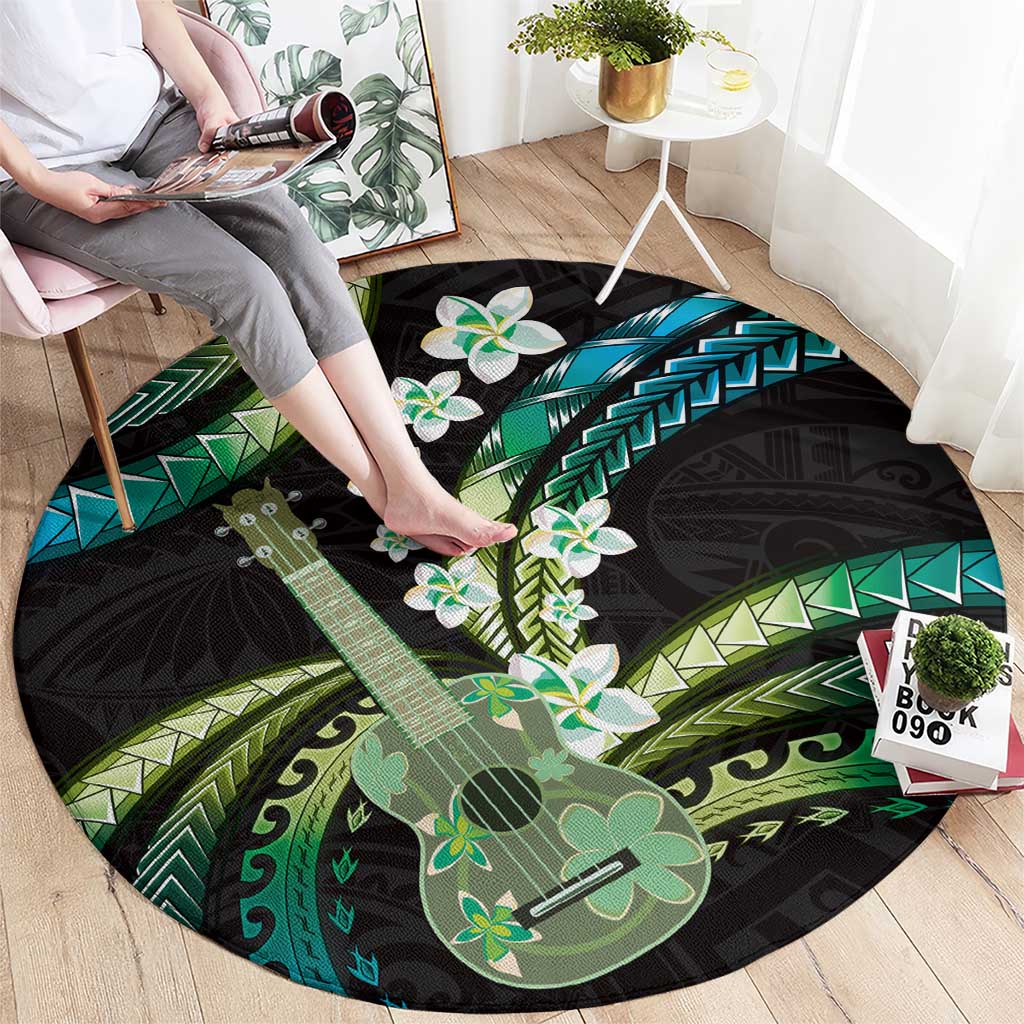 Hawaiian Ukulele Round Carpet Chartreuse Cyan Fantastic Plumeria