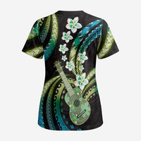 Hawaiian Ukulele Scrub Top Chartreuse Cyan Fantastic Plumeria - Polynesian Pride