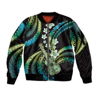 Hawaiian Ukulele Sleeve Zip Bomber Jacket Chartreuse Cyan Fantastic Plumeria