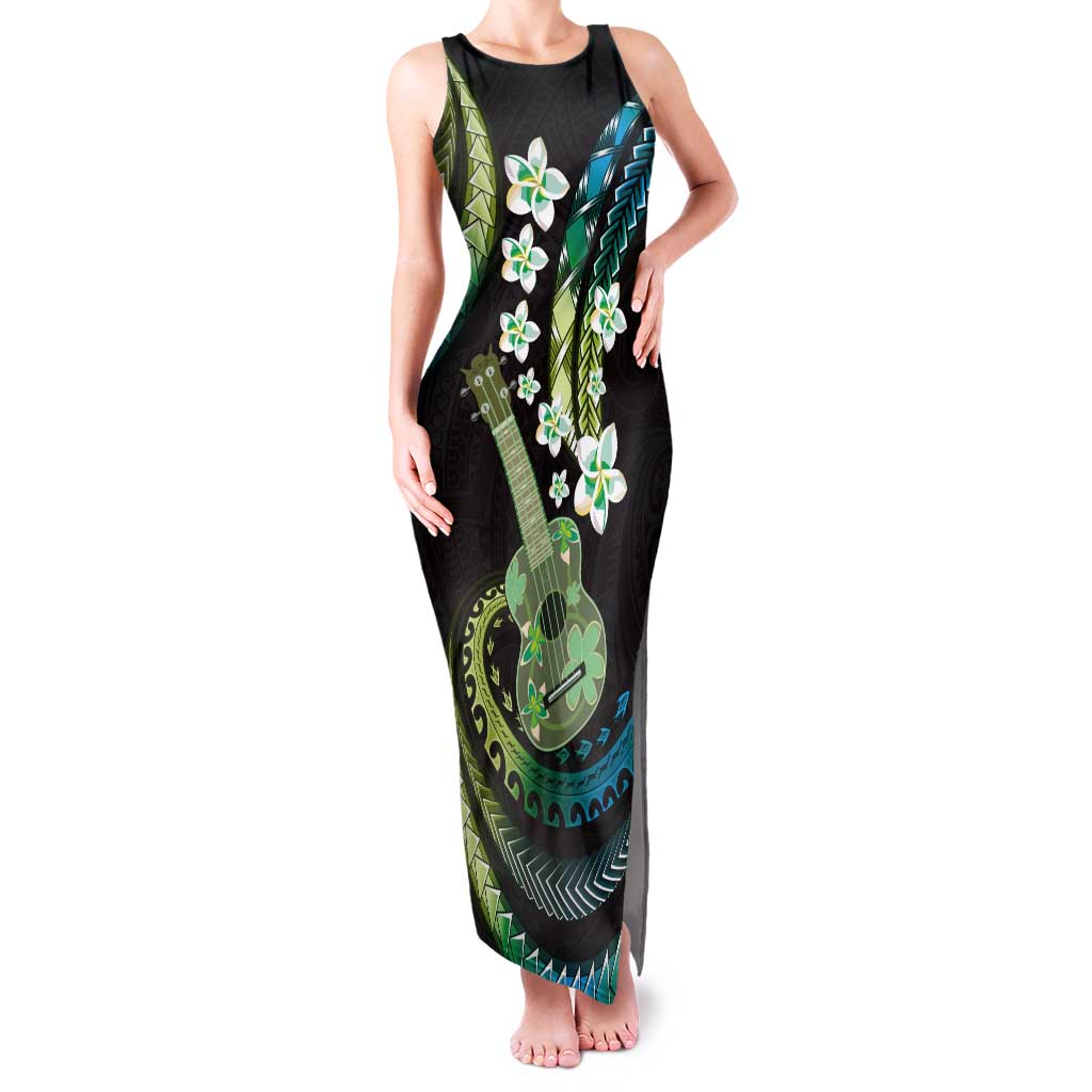 Hawaiian Ukulele Tank Maxi Dress Chartreuse Cyan Fantastic Plumeria