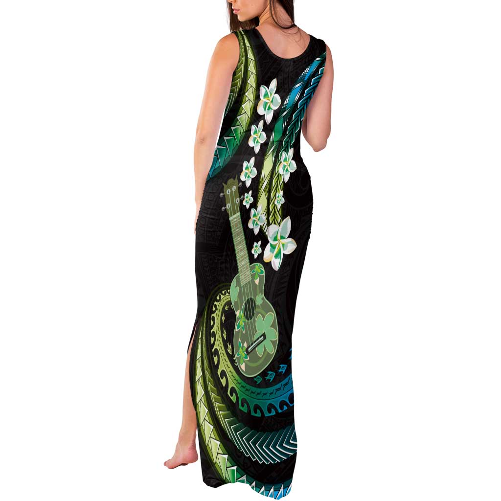 Hawaiian Ukulele Tank Maxi Dress Chartreuse Cyan Fantastic Plumeria