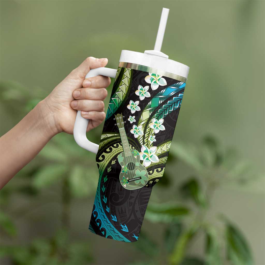 Hawaiian Ukulele Tumbler With Handle Chartreuse Cyan Fantastic Plumeria