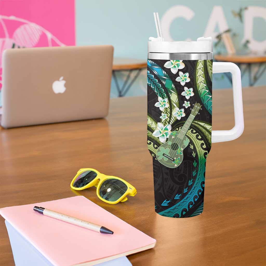 Hawaiian Ukulele Tumbler With Handle Chartreuse Cyan Fantastic Plumeria