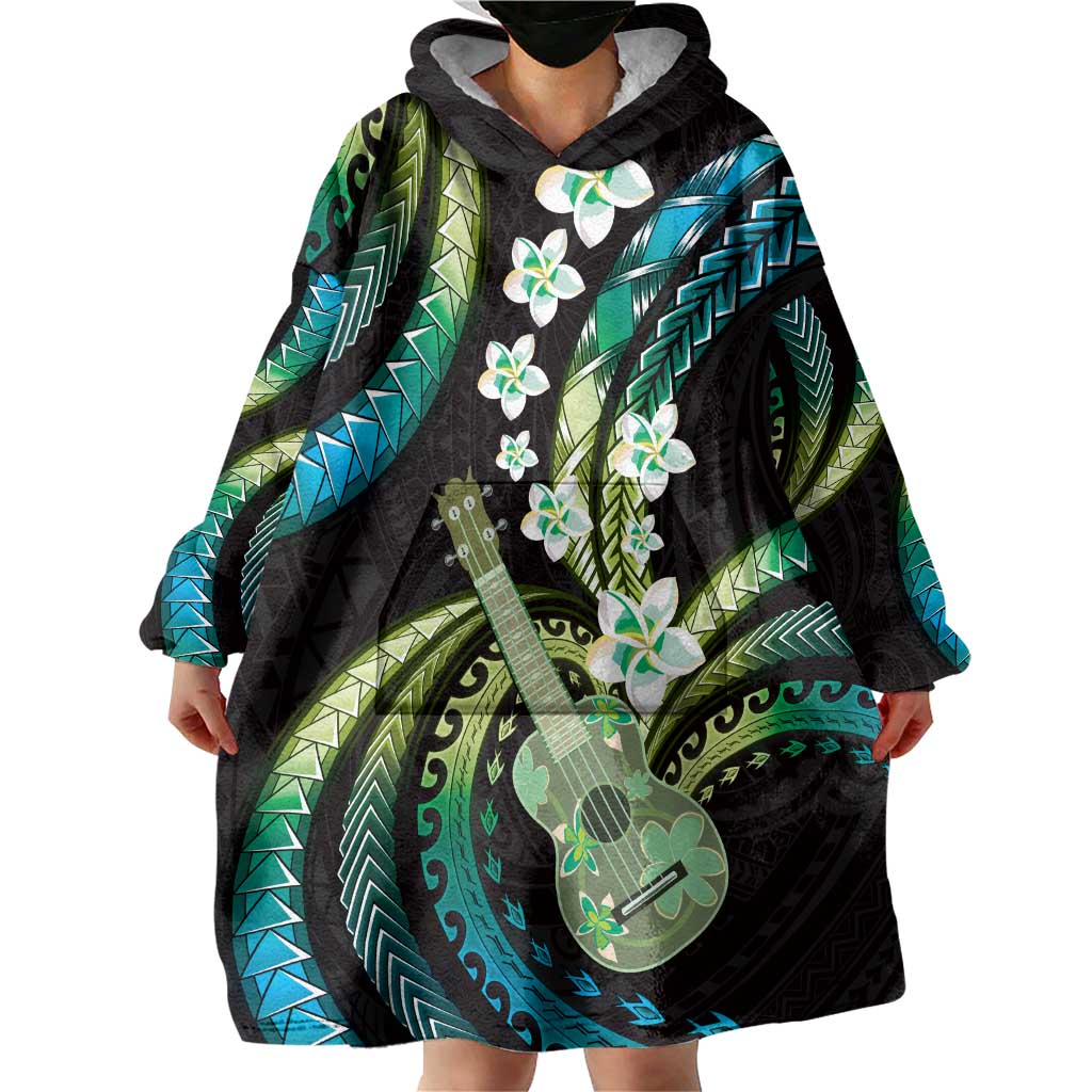 Hawaiian Ukulele Wearable Blanket Hoodie Chartreuse Cyan Fantastic Plumeria