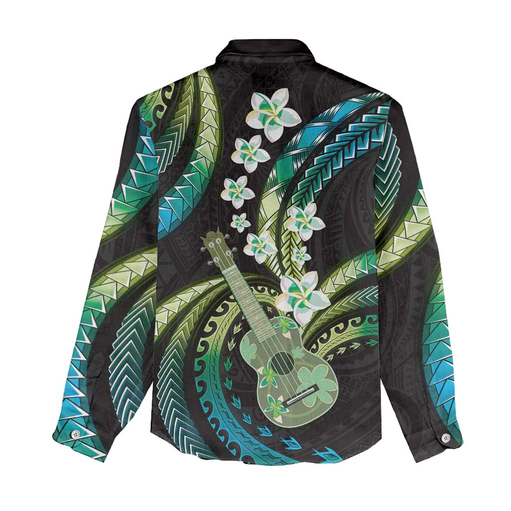 Hawaiian Ukulele Women Casual Shirt Chartreuse Cyan Fantastic Plumeria