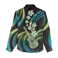 Hawaiian Ukulele Women Casual Shirt Chartreuse Cyan Fantastic Plumeria