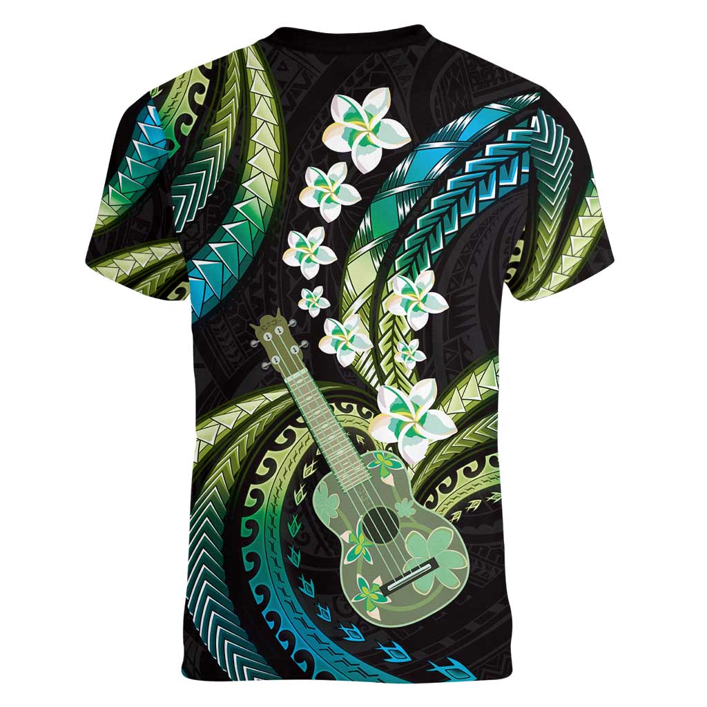 Hawaiian Ukulele Women V-Neck T-Shirt Chartreuse Cyan Fantastic Plumeria