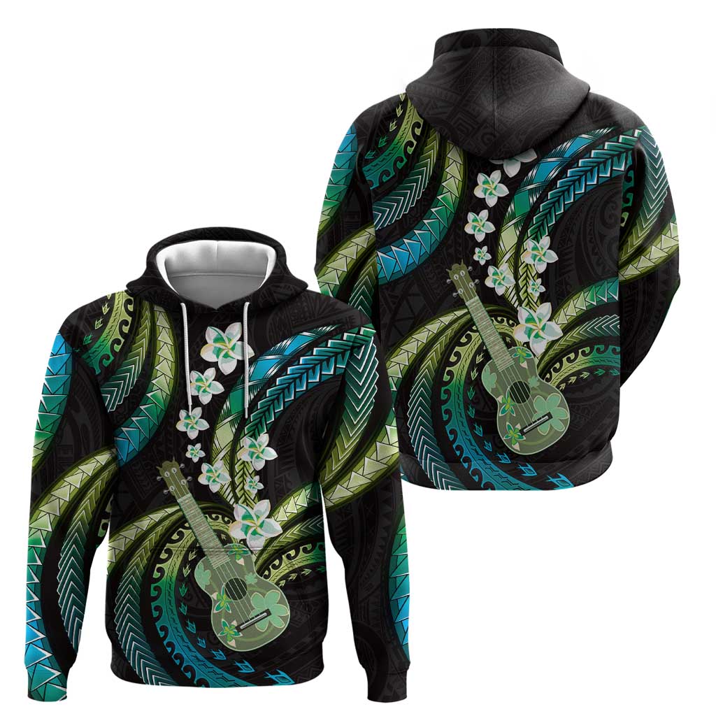 Hawaiian Ukulele Zip Hoodie Chartreuse Cyan Fantastic Plumeria