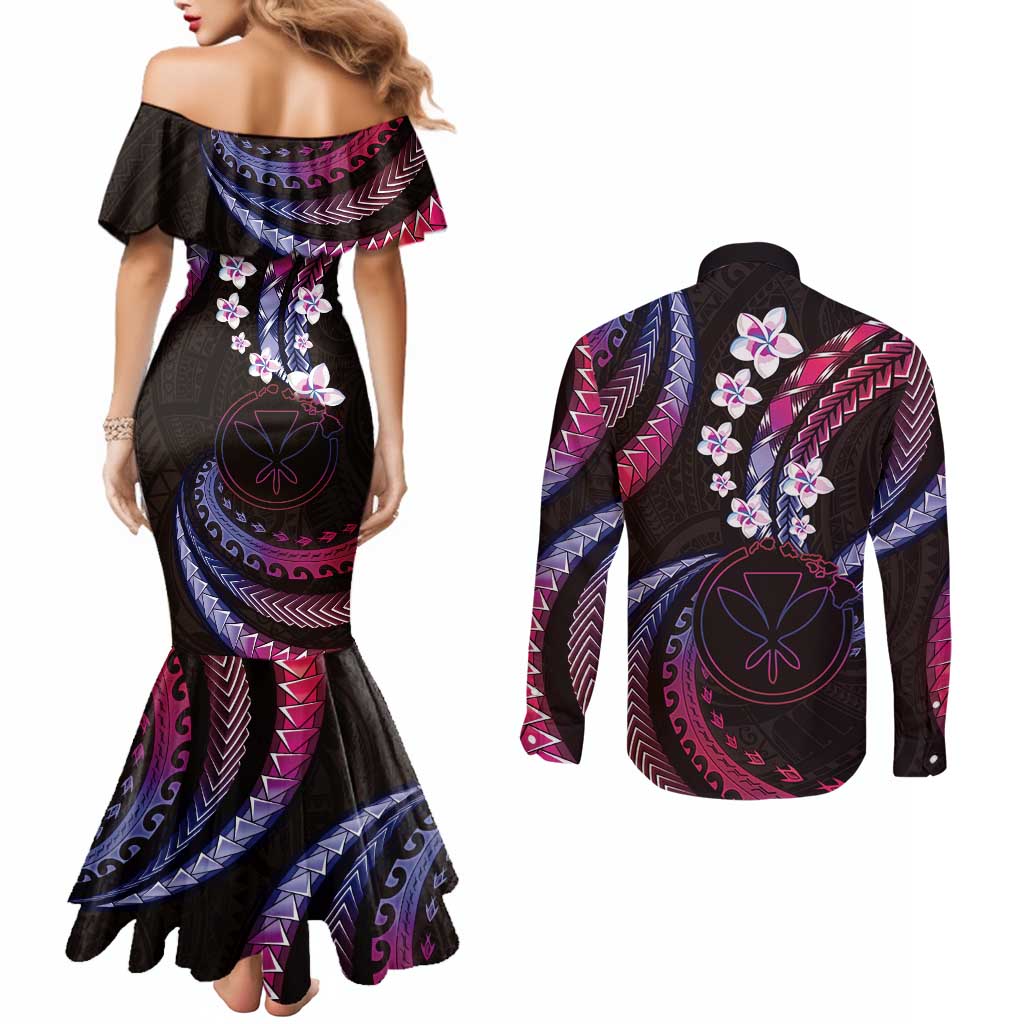 Hawaii Map Kanaka Maoli Couples Matching Mermaid Dress and Long Sleeve Button Shirt Fantastic Frangipani Sweet Dream