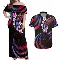 Hawaii Map Kanaka Maoli Couples Matching Off Shoulder Maxi Dress and Hawaiian Shirt Fantastic Frangipani Sweet Dream