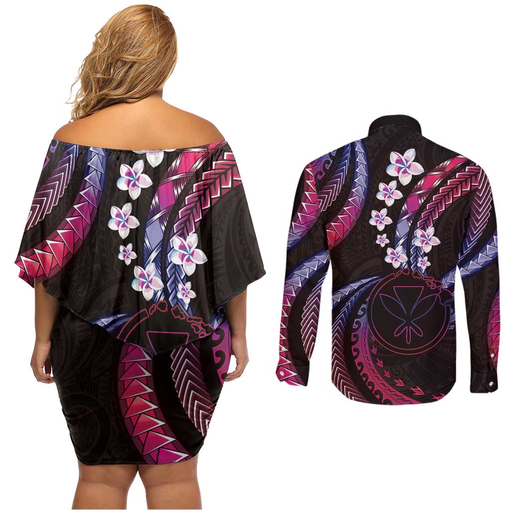 Hawaii Map Kanaka Maoli Couples Matching Off Shoulder Short Dress and Long Sleeve Button Shirt Fantastic Frangipani Sweet Dream