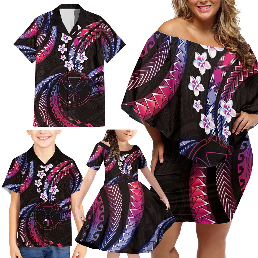 Hawaii Map Kanaka Maoli Family Matching Off Shoulder Short Dress and Hawaiian Shirt Fantastic Frangipani Sweet Dream