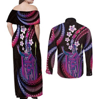 Hawaii King Kamehameha Couples Matching Off Shoulder Maxi Dress and Long Sleeve Button Shirt Fantastic Plumeria Sweet Vibes
