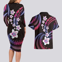 Hawaii Plumeria Couples Matching Long Sleeve Bodycon Dress and Hawaiian Shirt Sweet Gradient Polynesian Pattern