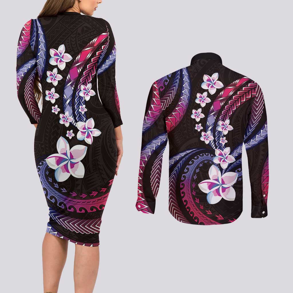 Hawaii Plumeria Couples Matching Long Sleeve Bodycon Dress and Long Sleeve Button Shirt Sweet Gradient Polynesian Pattern